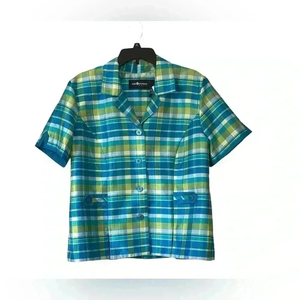 Sag Harbor Green& Blue Stripes Multicolored Short Sleeve Blazer Jacket Size 14